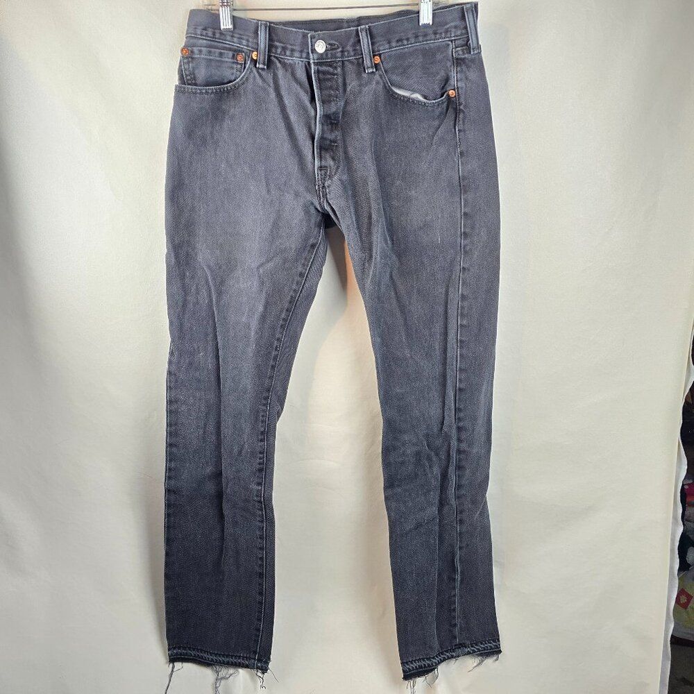 Levis 501 Jeans Mens 34x36 Black Button Fly Straight Leg Denim Pants Distressed